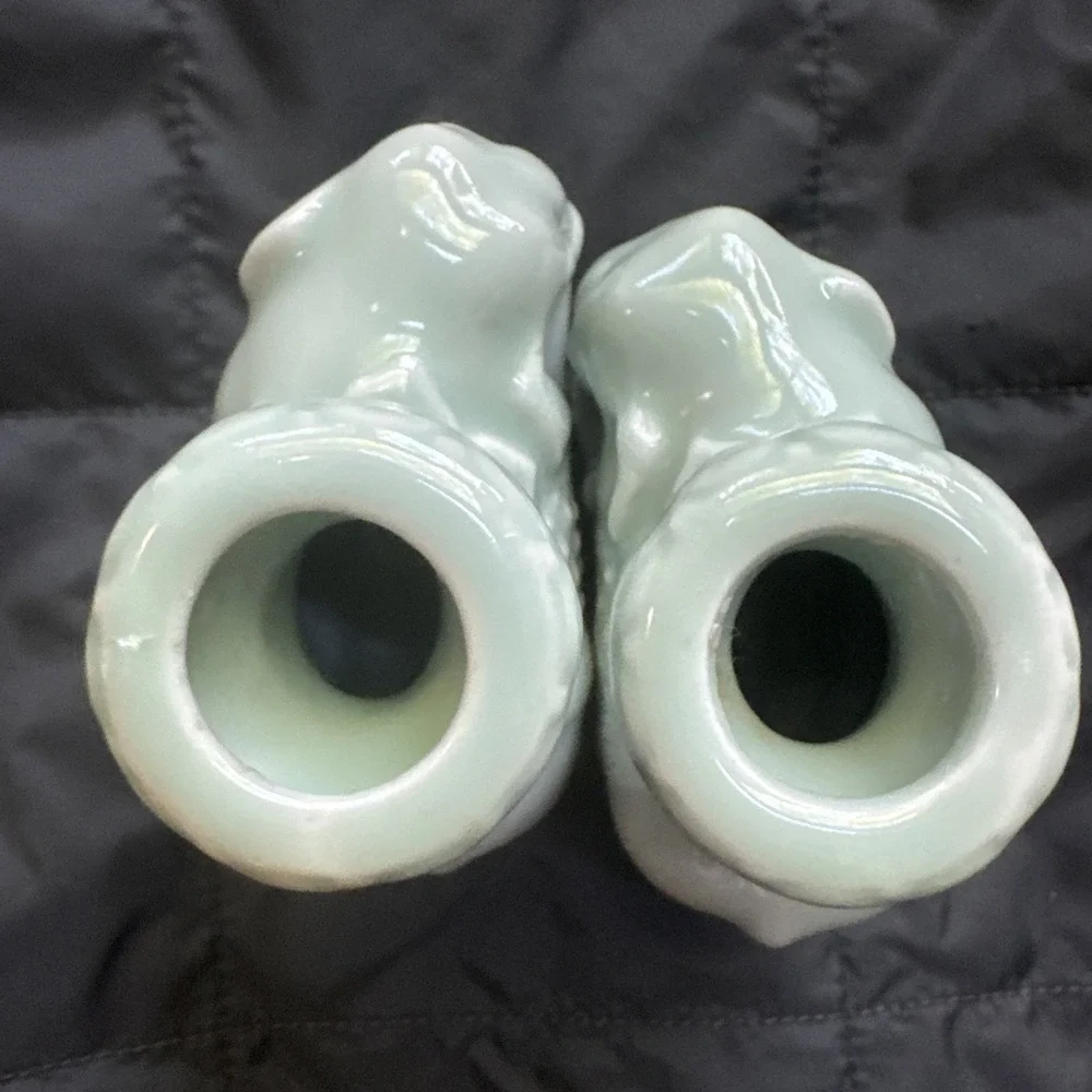 Chinese Elephant Candle‎ Holders Celadon Glaze Pottery Set Of 2 Vintage MCM Aqua